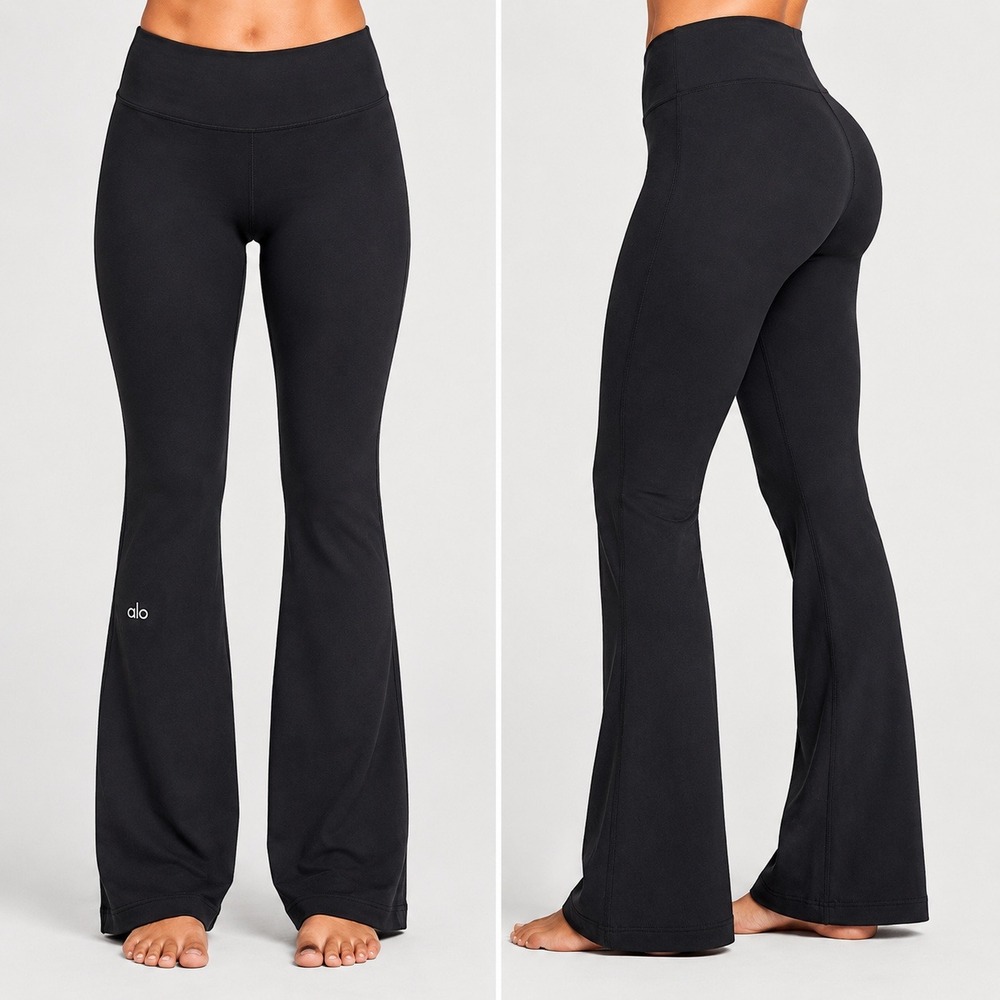 Alo Yoga Black High Waisted Flare Leggings Split Hem Front Seam Pants Womens M